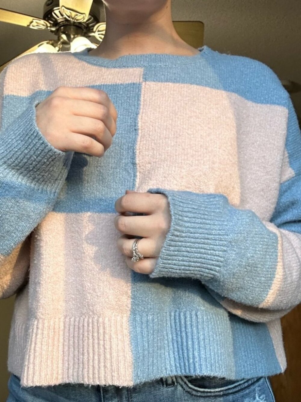 Double Zero Pink and Blue Color-block Cropped Sweater